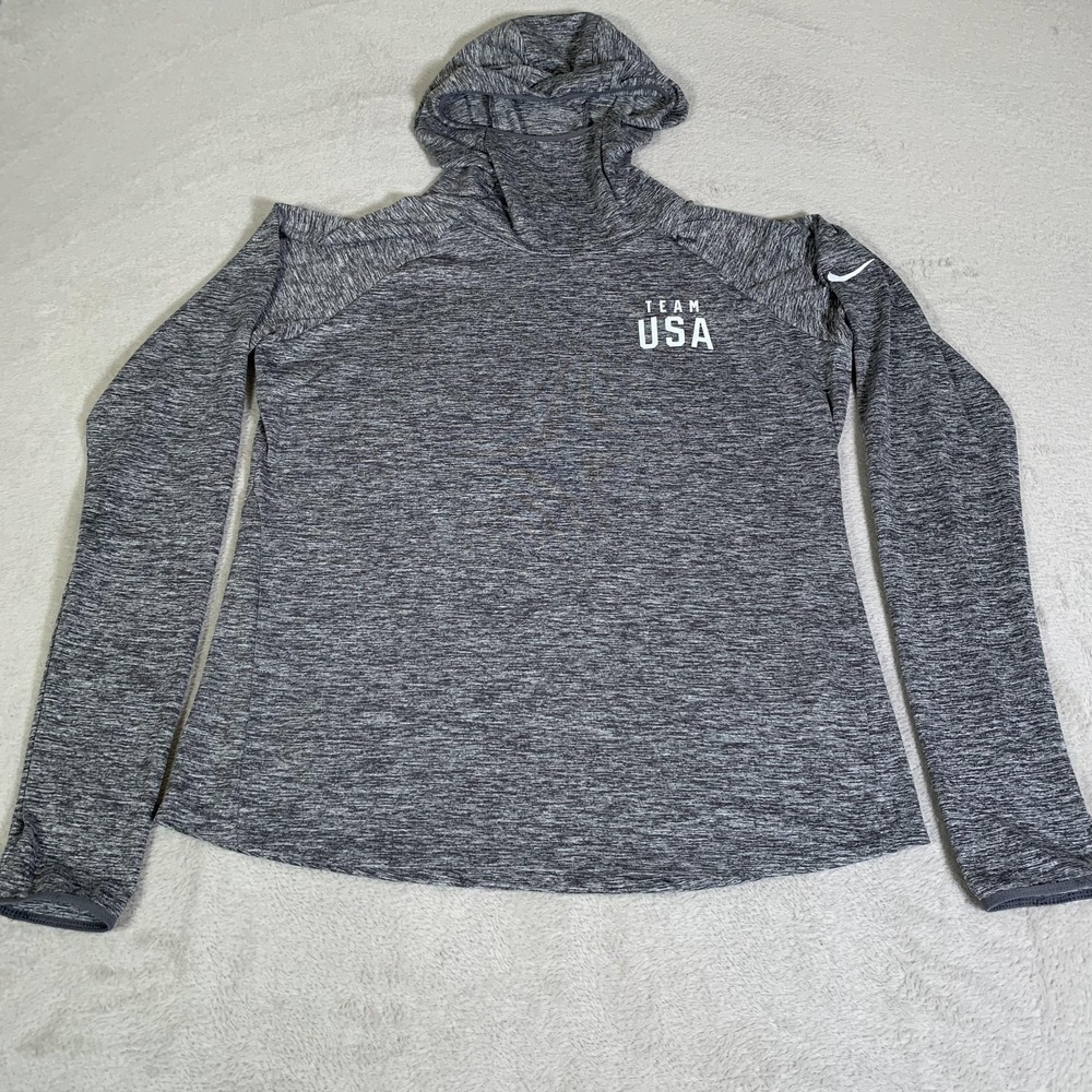 Nike Dri-FIT Team USA Shirt Womens Large Gray Hooded Long Sleeve Running Top